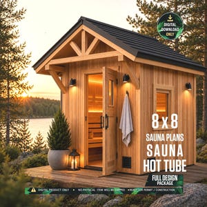 May include: A wooden sauna structure with a dark roof, a glass-paneled door, and interior lighting. Text on the image reads 8x8 SAUNA PLANS SAUNA HOT TUBE FULL DESIGN PACKAGE. A white towel hangs by the door, and a potted plant sits on the wooden deck.