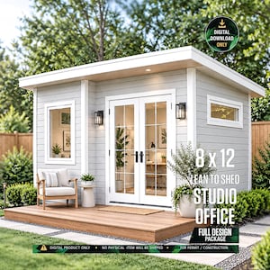 May include: A light grey shed studio office with a flat roof, white trim, and double glass doors. The structure features a wooden deck, a side window, and two wall-mounted lanterns. Text on the image reads 8 x 12 LEAN TO SHED STUDIO OFFICE.
