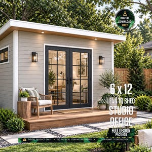 May include: A 6x12 lean-to shed studio office design package featuring a light gray structure with white trim, black double glass doors, and a wooden deck. The exterior includes two black wall sconces and a small side window. Digital download only.