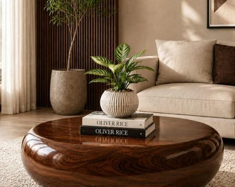 Mesa de centro redonda maciza, mesa moderna de madera de guijarro, mesa de centro baja minimalista, mesa de salón de madera de nogal Japandi