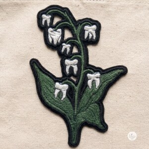 Tooth Lily of the Valley Iron On Patch - Surreal Molar Botanical Embroidered Badge - Weirdcore Goth Applique - Dental Student Gift- N0128