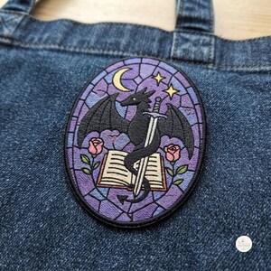 Stained Glass Dragon Iron On Patch - Fantasy Sword and Book Embroidered Badge - Gothic Dark Academia Applique - Book Lover Gift- N0128