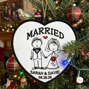 Personalized First Christmas Married Ornament - Custom Wedding Sketch Embroidered Keepsake - Just Married Heart & Round Decor - N0128