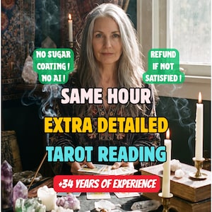 Puede incluir: Una persona con cabello largo y gris realizando una lectura de tarot con cartas extendidas sobre una mesa. Los textos superpuestos dicen: NO SUGAR COATING! NO AI!, REFUND IF NOT SATISFIED!, SAME HOUR EXTRA DETAILED TAROT READING, +34 YEARS OF EXPERIENCE.