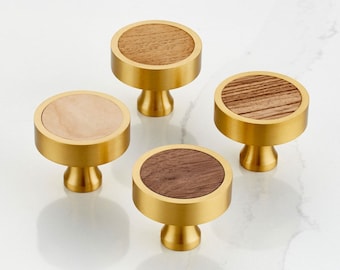 Solid Brushed Brass Gold Cupboard Door Drawer Knobs With Wooden Insert. Protective Lacquer to prevent tarnishing. Suitable for kitchens