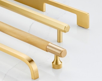 Solid Brass Cabinet Handles, Modern Gold Drawer Pulls, Knurled Hexagonal Slimline Furniture Hardware