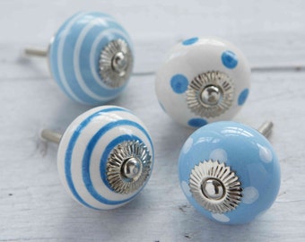 Blue Ceramic Porcelain Spotted Striped Polka Dot Colourful Cupboard Kitchen Drawer Hardware cabinet Knobs