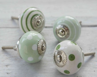 Green & white spots stripes decorative ceramic cabinet door knobs