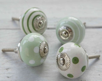 Green Cupboard Knobs Painted Decorative pulls Spotted Striped Polka Dot Kitchen Drawer Hardware Furniture Pulls