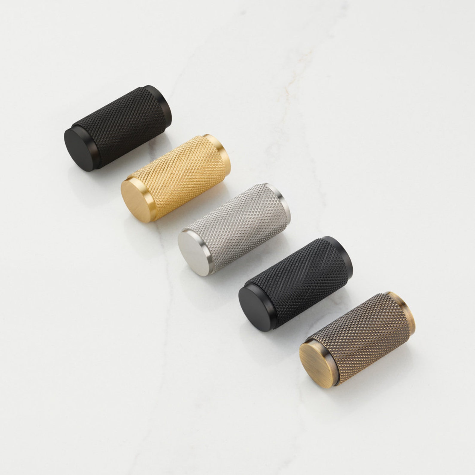 Knurled Cylinder Brass Knobs | Modern Textured Drawer Pulls | Solid ...