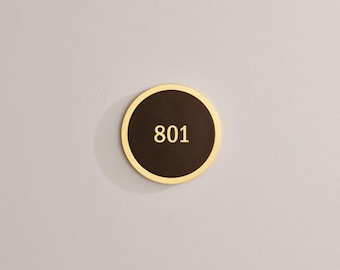 Personalised Number Brass Door Plaque Sign With Leather Insert Available In Gold, Silver, Black, Antique Gold