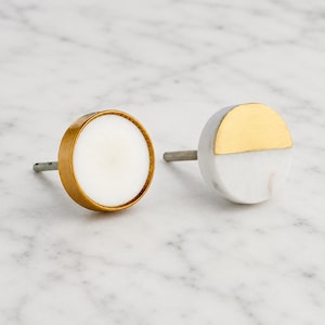 White Stone Cabinet Knobs | Marble & Brass Cupboard Door Pulls | Vintage-Inspired Pulls for Drawers, Anti