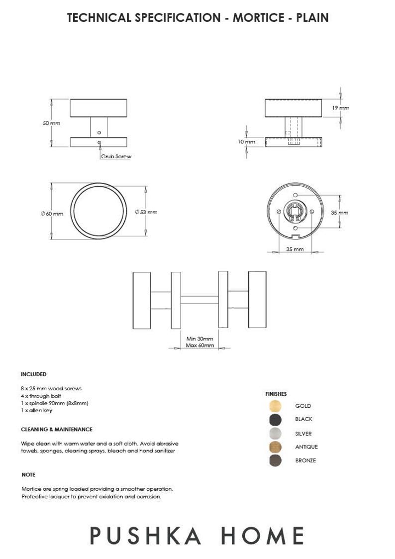 Puede incluir: Diagrama t&eacute;cnico para un tirador de puerta Mortice-Plain. Incluye dimensiones en mil&iacute;metros, como 50 mm, 60 mm y 35 mm. El diagrama muestra los componentes del tirador e incluye una lista del hardware incluido. Acabados disponibles: oro, negro, plata, antiguo y bronce.