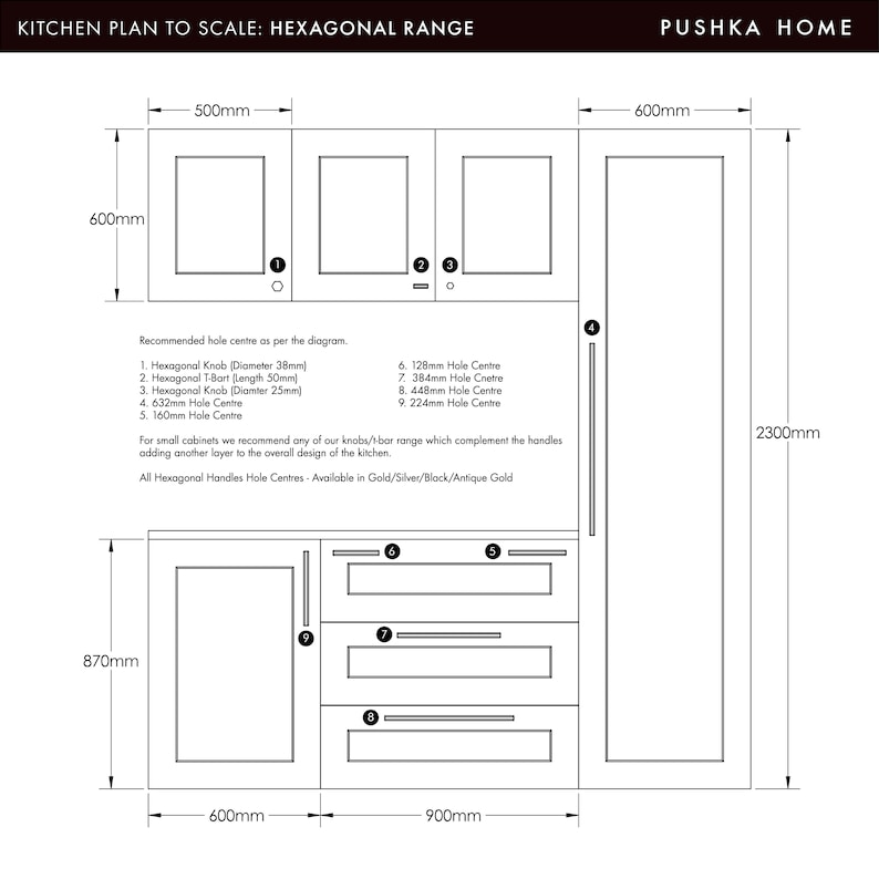 May include: A kitchen plan to scale with a hexagonal range. The plan shows the dimensions of the range, including the height of 870 mm, the width of 900 mm, and the depth of 600 mm. The plan also shows the location of the handles and the recommended hole centers for installation.