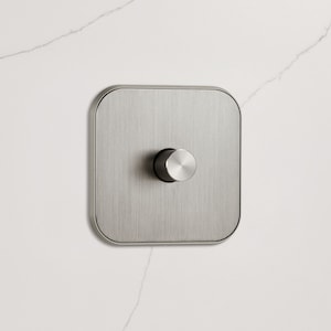 Op de afbeelding: Een dimmer-schakelaar van geborsteld nikkel met een ronde knop.