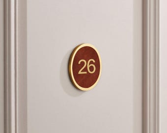 Brass Door Number Sign, Hotel Room Sign, Veg-Tanned Leather