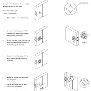 Może przedstawiać: Ilustrowana instrukcja montażu zamka wpuszczanego, pokazująca etapy montażu z diagramami. Zawiera elementy takie jak dźwignie, płyty montażowe, śruby i klucz imbusowy. Instrukcja zawiera jasne instrukcje ze szczeg&oacute;łowymi ilustracjami. Nazwa marki "PUSHKA HOME" znajduje się na dole.