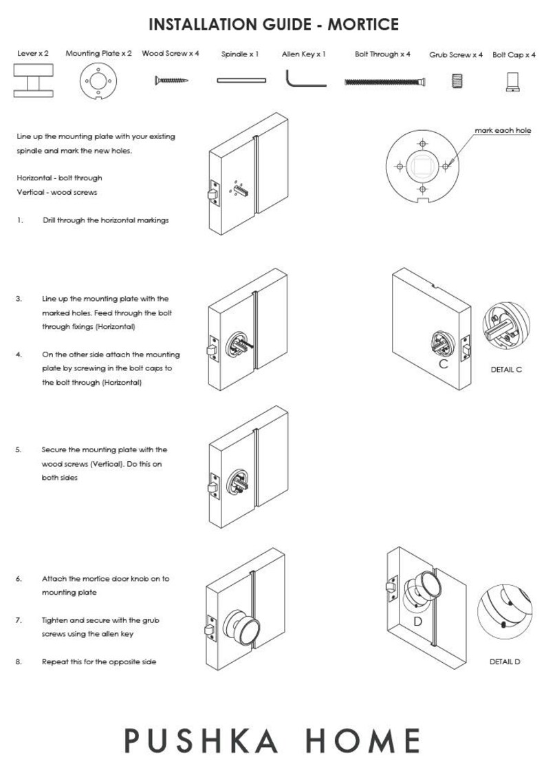 Może przedstawiać: Ilustrowana instrukcja montażu zamka wpuszczanego, pokazująca etapy montażu z diagramami. Zawiera elementy takie jak dźwignie, płyty montażowe, śruby i klucz imbusowy. Instrukcja zawiera jasne instrukcje ze szczeg&oacute;łowymi ilustracjami. Nazwa marki "PUSHKA HOME" znajduje się na dole.