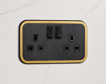 UK Plug Socket (13A) Black / Gold Insert Screwless 2 Gang 250v - 50hz