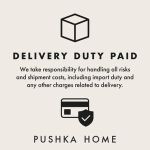 Op de afbeelding: Afbeelding met de tekst "DELIVERY DUTY PAID" en een afbeelding van een doos, een creditcard en een schild met een vinkje. De tekst stelt dat de verkoper alle risico's en verzendkosten draagt. De merknaam "PUSHKA HOME" staat onderaan.