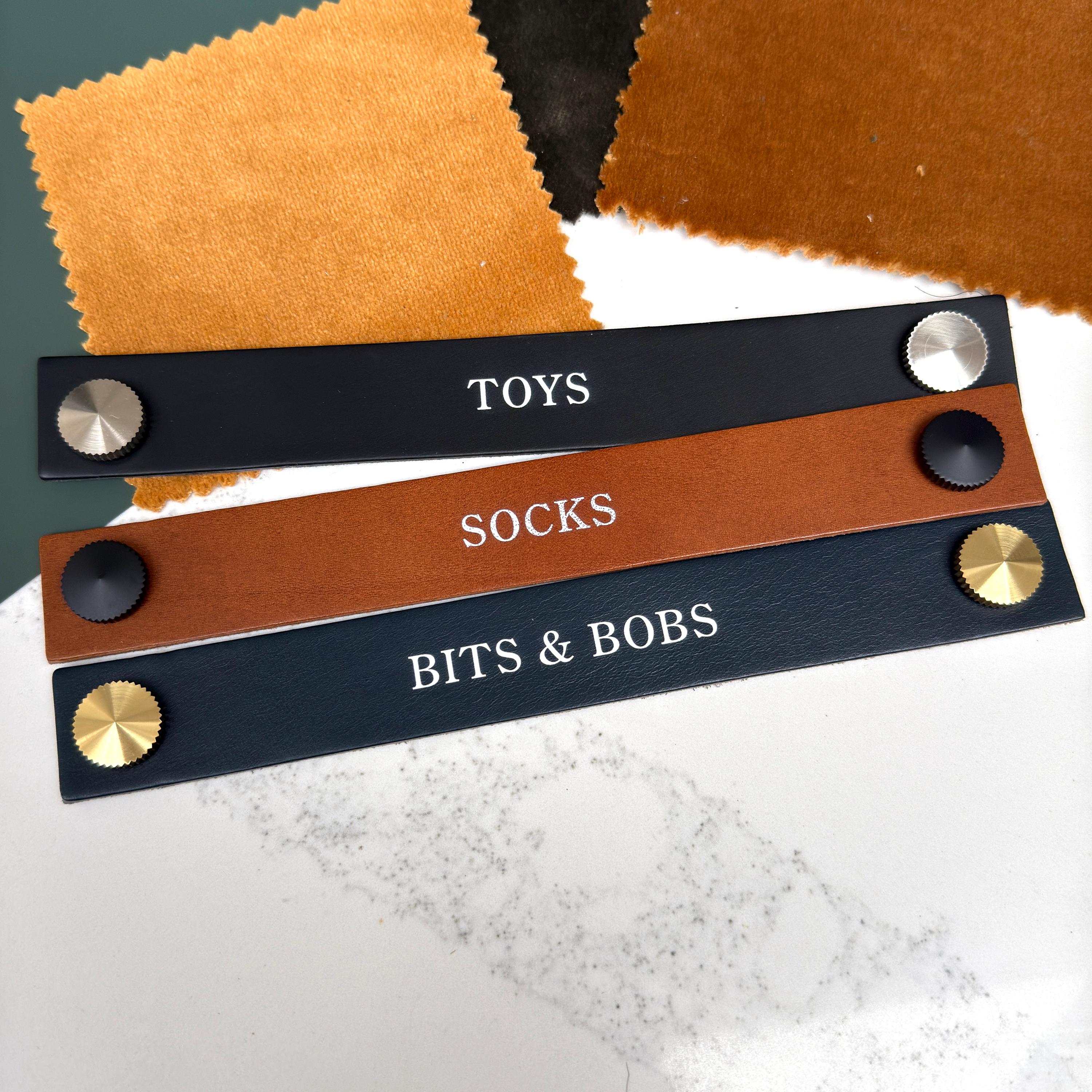 Personalised Leather Handles, custom pull strap Handles, Brass Studs, Cabinet, Drawers, Baby Nursery Hardware