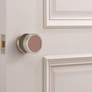 Może przedstawiać: Nowoczesna klamka do drzwi z okrągłym, szczotkowanym metalowym wzorem. Klamka ma jasnobrązowy środek i jest zamontowana na białych drzwiach. Drzwi mają wpuszczany panel i srebrny zatrzask.