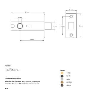 Puede incluir: Diagrama t&eacute;cnico de un pestillo tubular, con dimensiones en mm. Incluye cuerpo del pestillo, placa de cierre y medidas. El diagrama tambi&eacute;n enumera los acabados disponibles: oro, negro, plata, antiguo y bronce.
