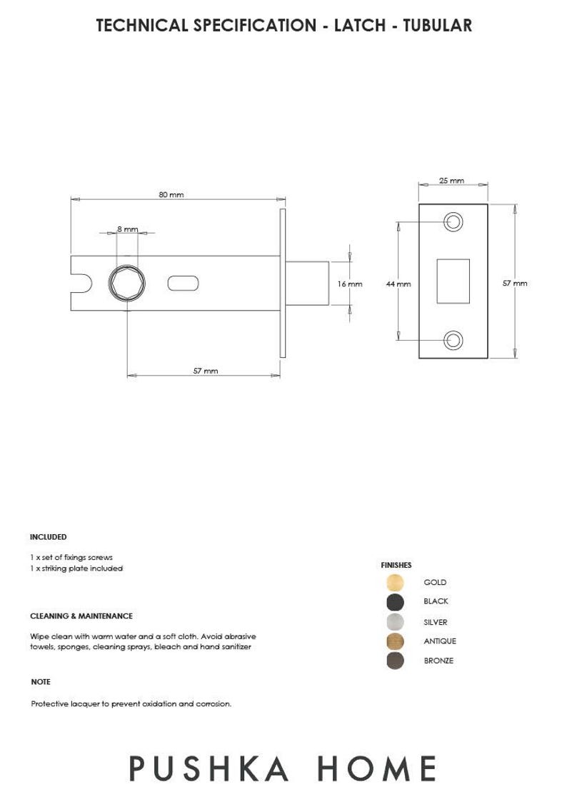 Puede incluir: Diagrama t&eacute;cnico de un pestillo tubular, con dimensiones en mm. Incluye cuerpo del pestillo, placa de cierre y medidas. El diagrama tambi&eacute;n enumera los acabados disponibles: oro, negro, plata, antiguo y bronce.