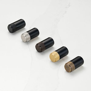 May include: Five cylindrical cabinet knobs with black bodies and various metallic end caps: black, silver, brown, gold, and bronze. The knobs are arranged diagonally on a white surface.