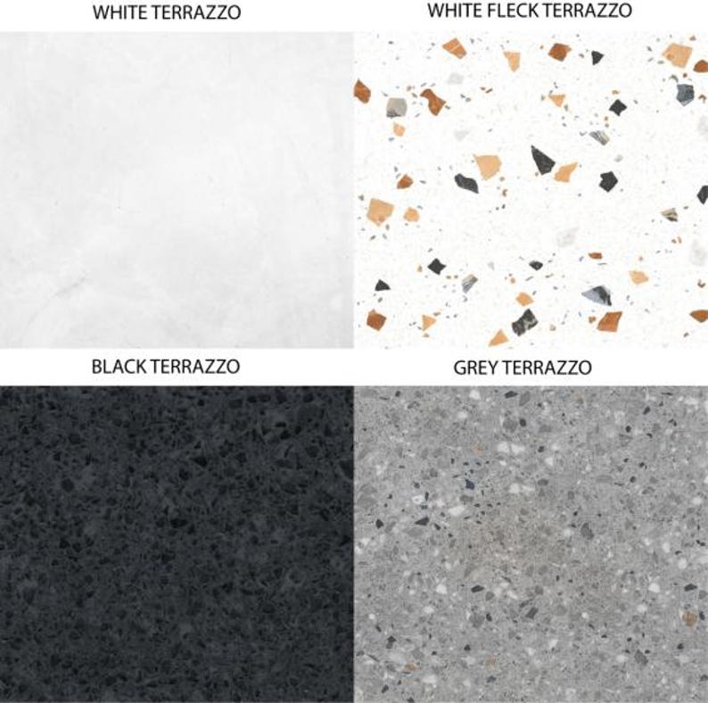 Puede incluir: Una cuadr&iacute;cula de cuatro paneles que muestra diferentes superficies de terrazo. Arriba a la izquierda, WHITE TERRAZZO, una superficie blanca s&oacute;lida. Arriba a la derecha, WHITE FLECK TERRAZZO, blanco con fragmentos marrones, negros y grises. Abajo a la izquierda, BLACK TERRAZZO, una superficie gris oscuro a negro. Abajo a la derecha, GREY TERRAZZO, una superficie gris medio con peque&ntilde;as motas claras y oscuras.