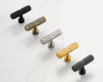 Solid Brass Cupboard Handles | T Bar Knobs Pulls Cabinet Doors Drawers | Gold, Black, Gunmetal Grey, Antique Gold & Silver Knurled Handles