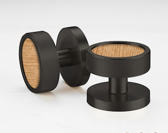 Boutons de porte ronds en laiton noir | Insert en bois, porte intérieure
