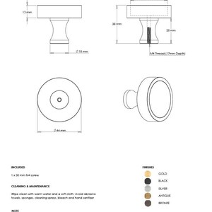 Puede incluir: Dibujo de especificaci&oacute;n t&eacute;cnica para un pomo de PUSHKA HOME. El diagrama muestra un pomo de 44 mm de di&aacute;metro, 38 mm de altura total, 13 mm de grosor superior, 18 mm de di&aacute;metro de base y una rosca M4 con 17 mm de profundidad.