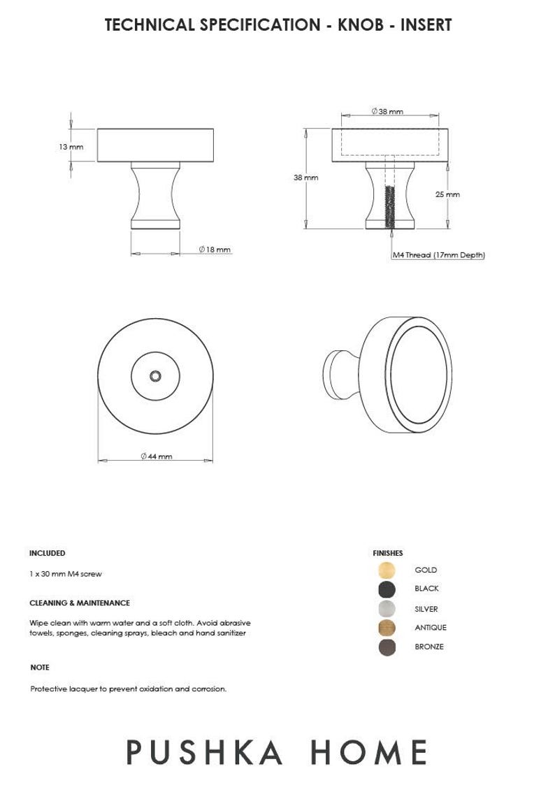 Puede incluir: Dibujo de especificaci&oacute;n t&eacute;cnica para un pomo de PUSHKA HOME. El diagrama muestra un pomo de 44 mm de di&aacute;metro, 38 mm de altura total, 13 mm de grosor superior, 18 mm de di&aacute;metro de base y una rosca M4 con 17 mm de profundidad.