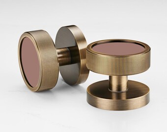 Boutons de porte à mortaiser moletés, dorés antiques | Empiècement pierre, crépuscule et taupe