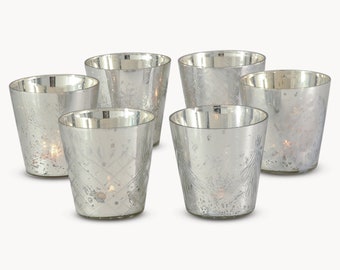 Claymore Etched Silver Patterned Votive Candle Tea Light Holder Jars Set of 6 Suitable for All Occasions Weddings Parties Home Decor