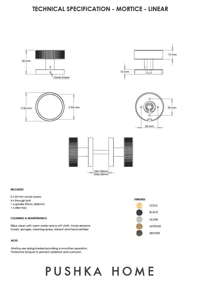 May include: Technical specifications for a mortice linear door handle. Diagrams show dimensions in millimeters, including a 50mm diameter handle. Includes screws, bolts, spindle, and allen key. Available finishes: gold, black, silver, antique, and bronze.