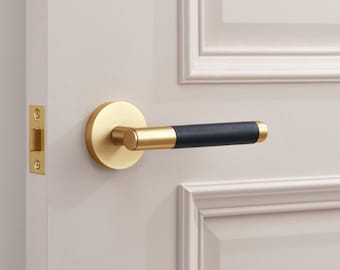 Leather Door Handle & Knob Pair Gold Door Handle Pull Handle Interior Door Handle Brass Modern Hardware Black Door Handle Closet Hallway