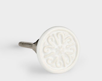 White Vintage Decorative Ceramic Stamp Design Cupboard Door Knob