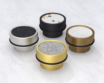 Solid Brushed Brass Gold, Antique Gold and Black Door Stops Bumpers With Black, Grey or White Terrazzo Insert