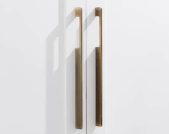Antique Gold Brass Cabinet Pull Handles | Slimline Drawer Pulls | Aged Brass | Minimal Design. Premium Solid Brass
