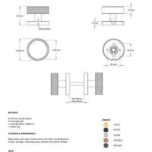 May include: Technical specification diagram for a Mortice door handle. Includes dimensions in millimeters and a list of included parts. Available finishes are gold, black, silver, antique, and bronze. The Pushka Home logo is at the bottom.