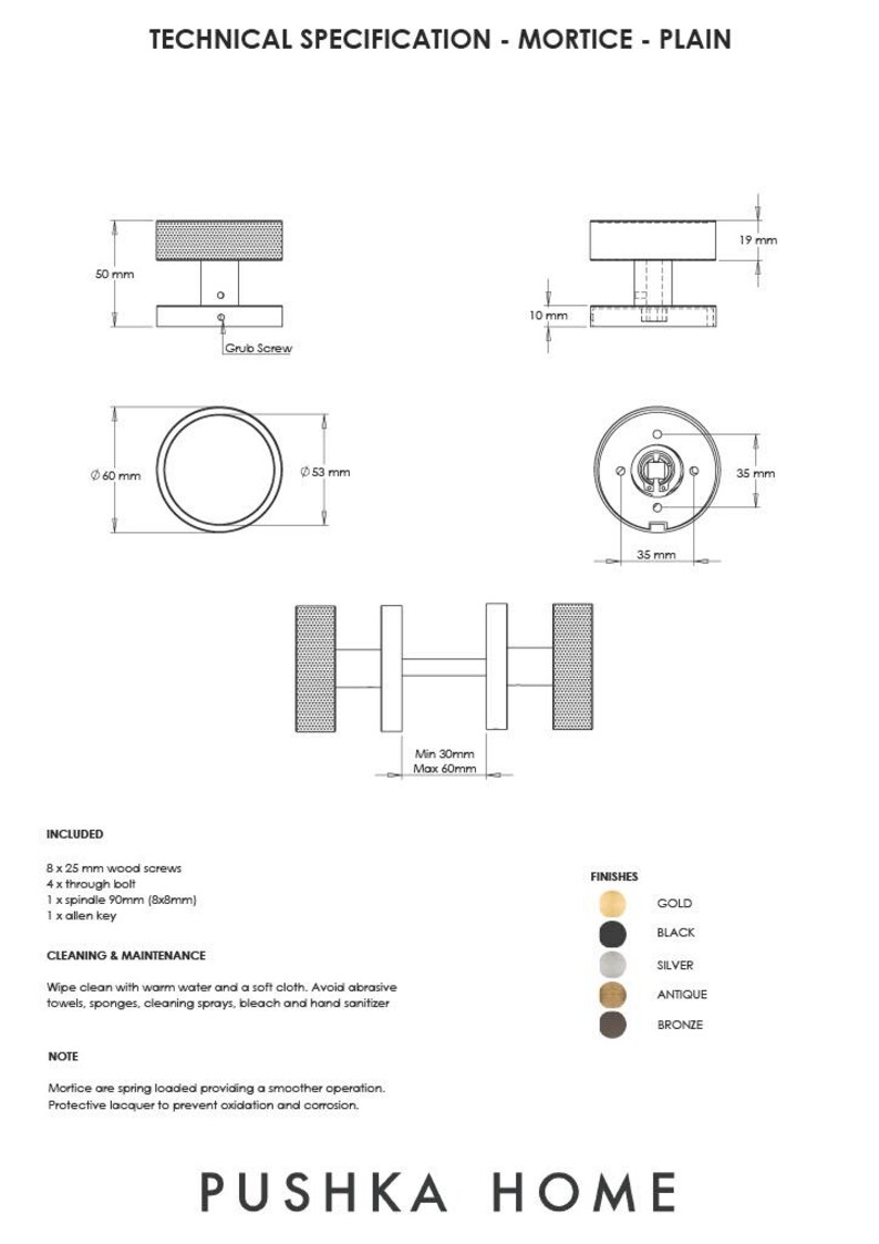 May include: Technical specification diagram for a Mortice door handle. Includes dimensions in millimeters and a list of included parts. Available finishes are gold, black, silver, antique, and bronze. The Pushka Home logo is at the bottom.