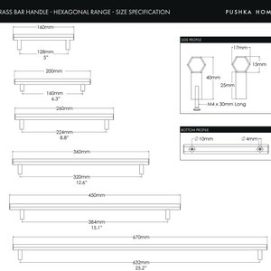 May include: Brass bar handle with hexagonal ends. The handle is available in various lengths, ranging from 5 inches to 25.2 inches. The handle is shown in a line drawing with measurements in inches and millimeters.