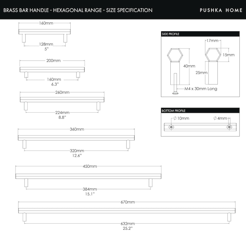 May include: Brass bar handle with hexagonal ends. The handle is available in various lengths, ranging from 5 inches to 25.2 inches. The handle is shown in a line drawing with measurements in inches and millimeters.