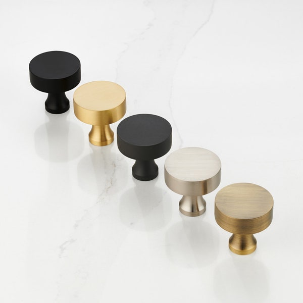 Solid Brass Gold, Black, Antique Gold, Grey And Silver Round Cupboard Door Knobs. Protective lacquer to prevent tarnishing
