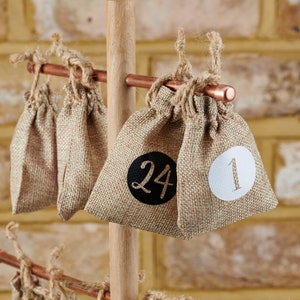 24 x Christmas Advent Calendar Tree Wall Hanging Hessian Jute Sacks. Fillable reusable bags. Red Green Pink Silver Gold Black White Copper image 4