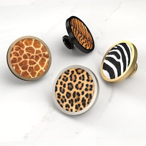 Animal Print cabinet knobs, animal themed cupboard door knobs, leopard, giraffe, snake, cow, zebra, tiger. Kids bedroom hardware