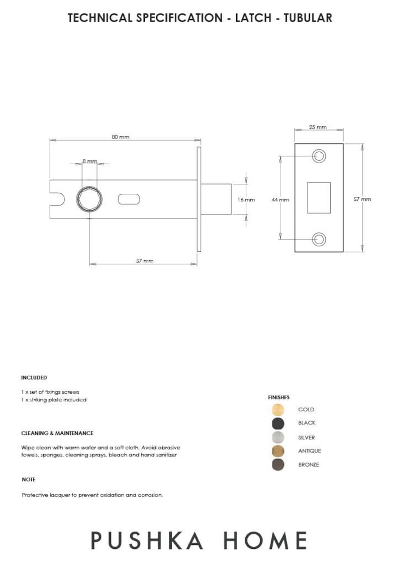 May include: Technical specification diagram of a tubular latch. The latch is 80 mm long and includes a striking plate. The diagram shows dimensions in millimeters and available finishes: gold, black, silver, antique, and bronze.