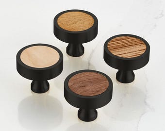 Tiradores de latón negro para puertas de armarios con inserto de madera. Tiradores para cajones, tiradores para armarios, mejoras para el hogar, tiradores para armarios de cocina, tiradores para puertas de cómodas.